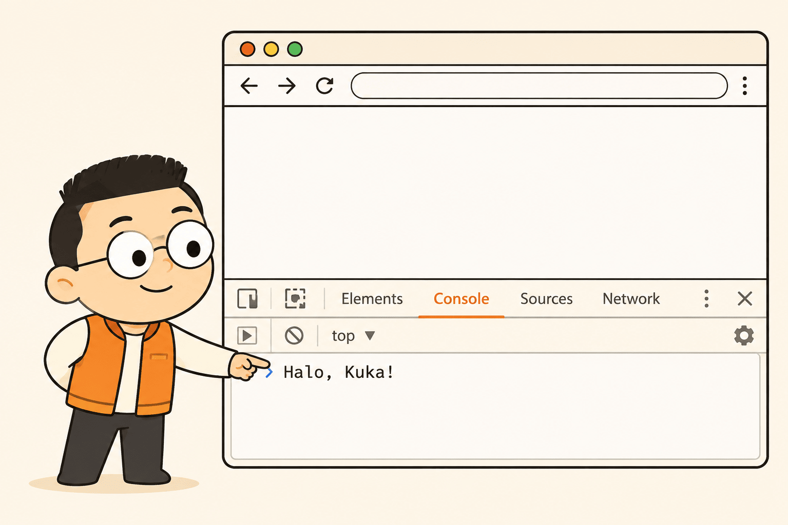 Kuka menunjuk panel Console di DevTools yang menampilkan teks Halo, dunia!.