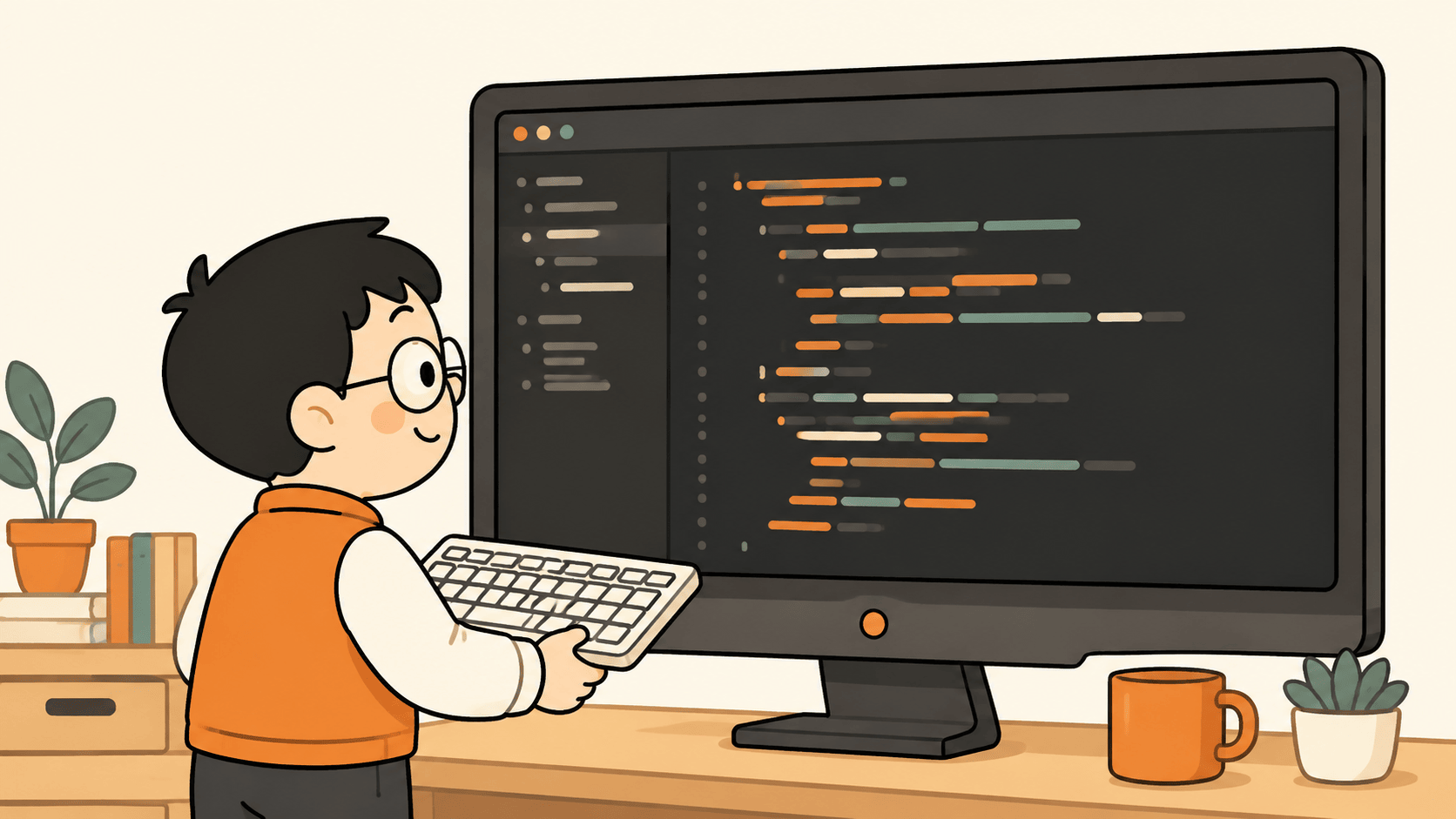 Kuka duduk di depan layar yang menampilkan jendela editor VS Code dengan baris kode berwarna.