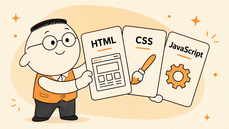 Kuka memegang tiga kartu bertuliskan HTML, CSS, dan JavaScript.