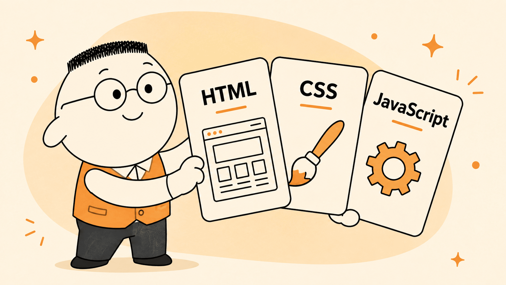 Kuka memegang tiga kartu bertuliskan HTML, CSS, dan JavaScript.