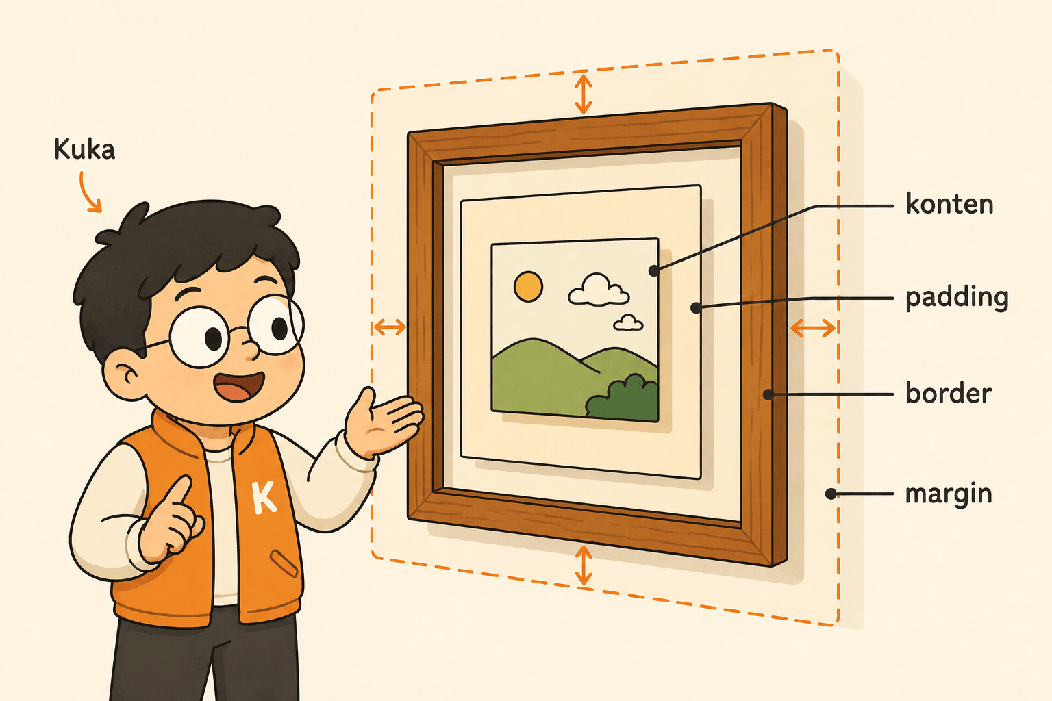 Kuka memegang bingkai foto yang lapisannya terbuka memperlihatkan foto, bantalan, bingkai, dan jarak ke dinding.