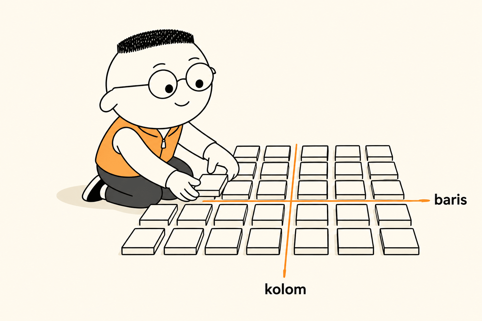 Kuka menyusun kotak-kotak seperti ubin lantai dalam baris dan kolom yang bersilangan, dengan baris dan kolom diberi garis dan label.