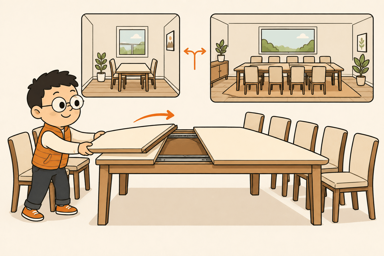 Kuka menambahkan daun ke tengah meja makan yang memanjang, dan kursi bertambah dari dua menjadi delapan.