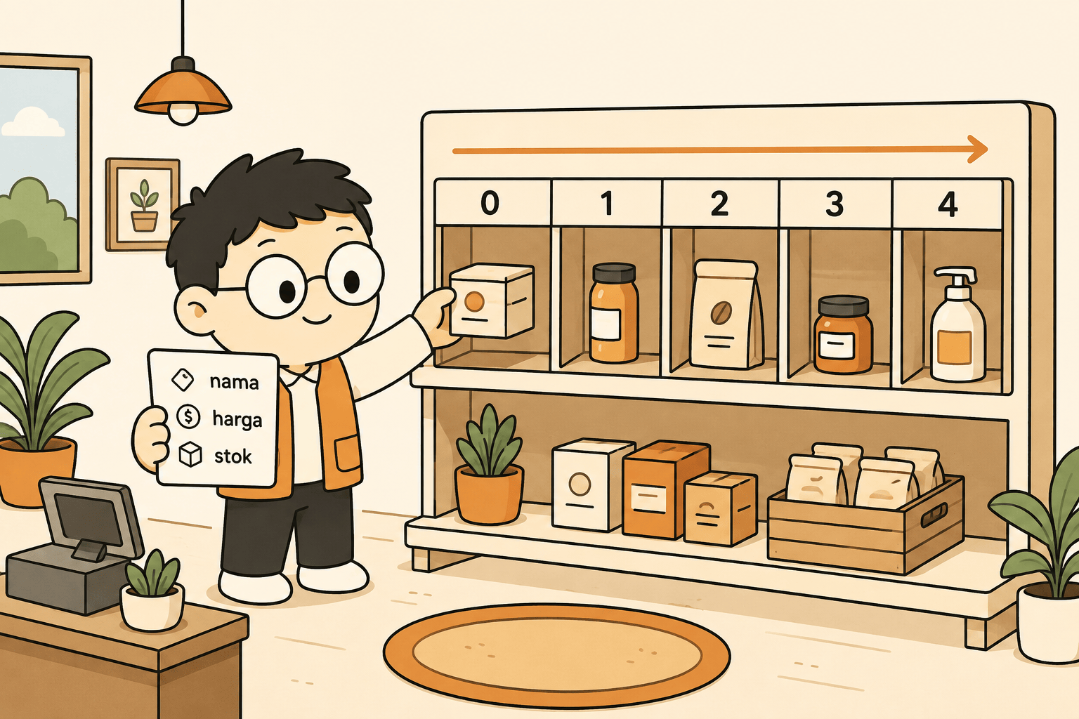 Kuka menaruh barang ke rak bernomor mulai dari nol, dan di tangannya memegang kartu stok berlabel nama, harga, dan stok.
