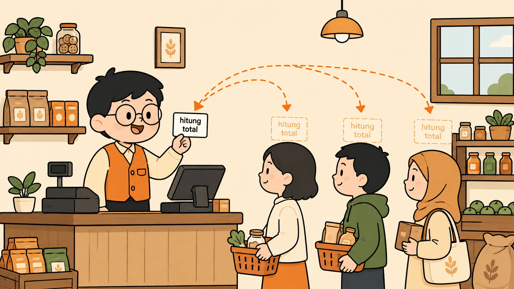 Kuka berdiri di belakang meja toko sambil memegang kartu resep berlabel hitung total, dan di depannya beberapa pelanggan menunggu giliran.