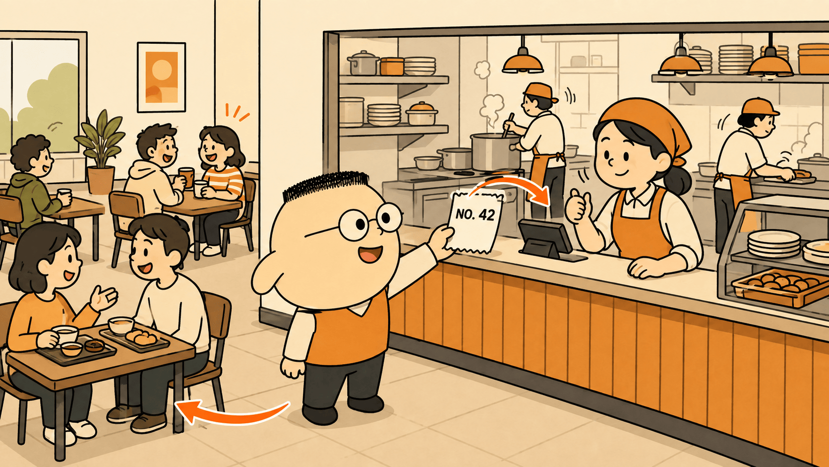 Kuka berdiri di konter kantin memegang satu bon berisi nomor pesanan, petugas konter mengangguk, dapur dan beberapa pengunjung yang mengobrol santai terlihat di belakangnya.