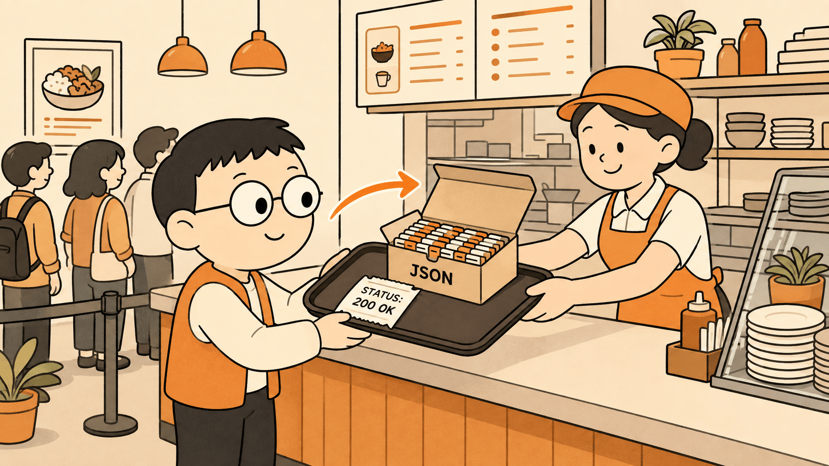 Kuka menerima satu nampan dari petugas kantin, di atas nampan ada satu kotak kemasan standar yang terbuka, memperlihatkan isinya tertata rapi di dalam kotak.