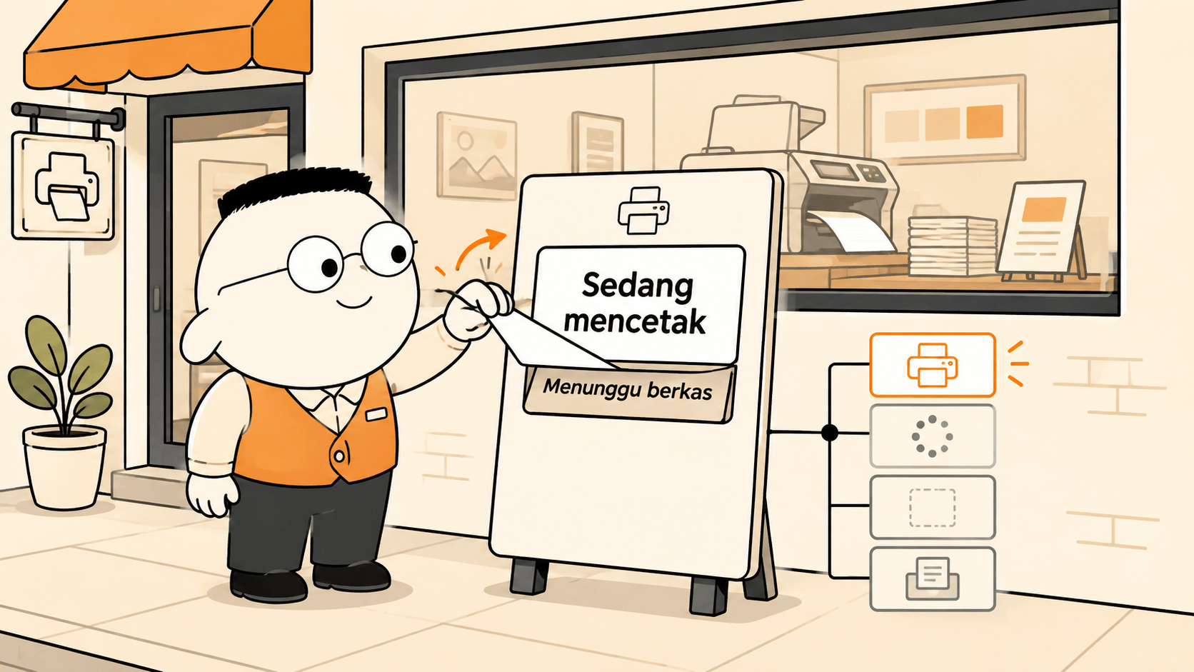 Kuka berdiri di depan papan status di jendela percetakan, sedang membalik tulisan dari Menunggu berkas menjadi Sedang mencetak, dengan mesin cetak terlihat di dalam toko.