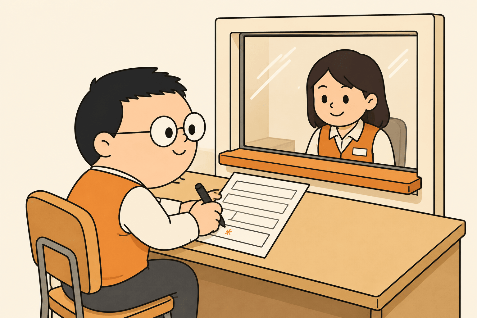 Kuka duduk di kursi loket pendaftaran sambil mengisi formulir kertas dengan pulpen, ada kotak-kotak isian di kertas, dan satu kotak bertanda bintang wajib diisi.