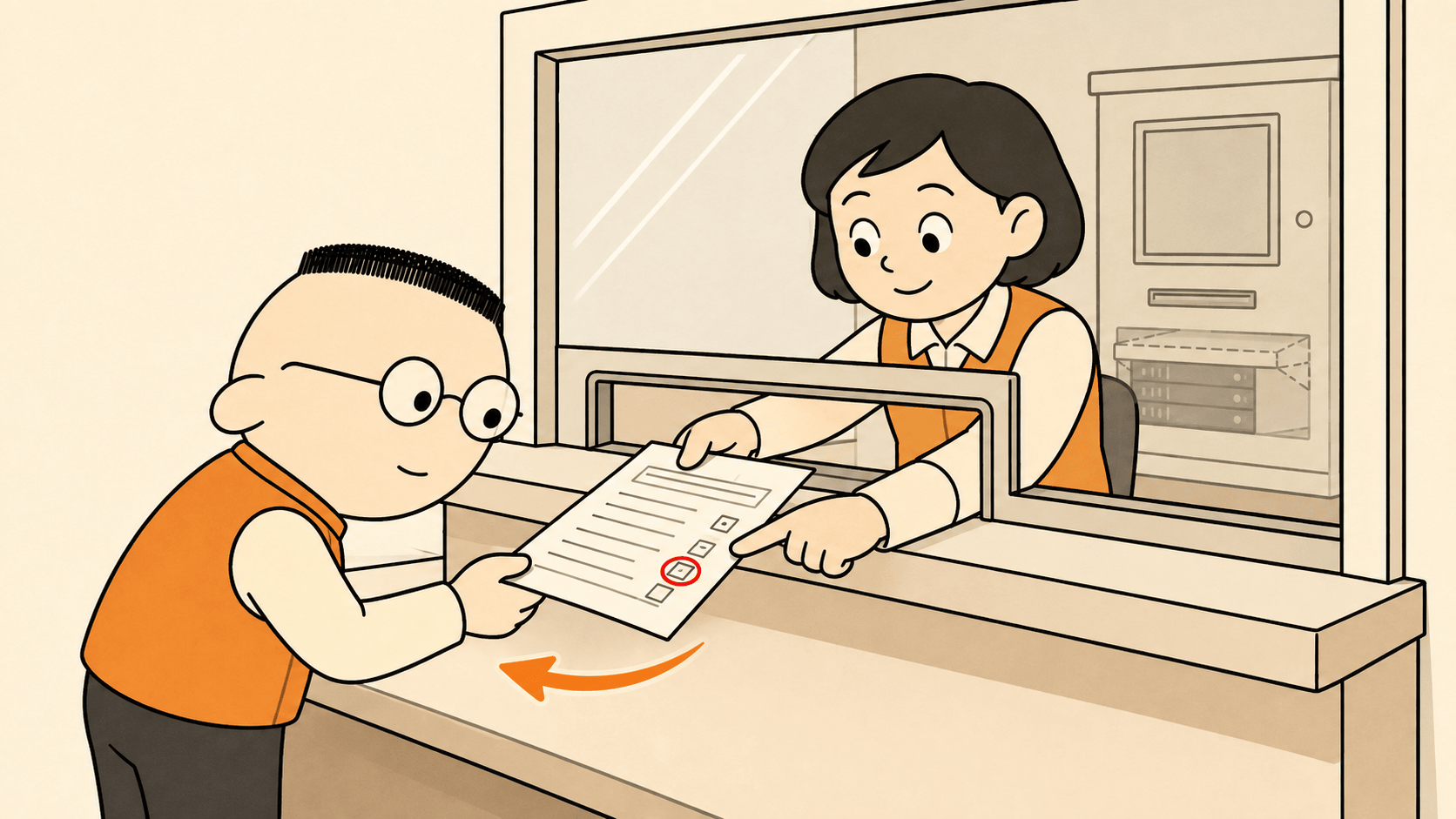Petugas loket mengembalikan formulir kertas ke Kuka melalui jendela loket sambil menunjuk satu kotak isian yang ditandai lingkaran merah, Kuka menunduk melihat kotak itu.