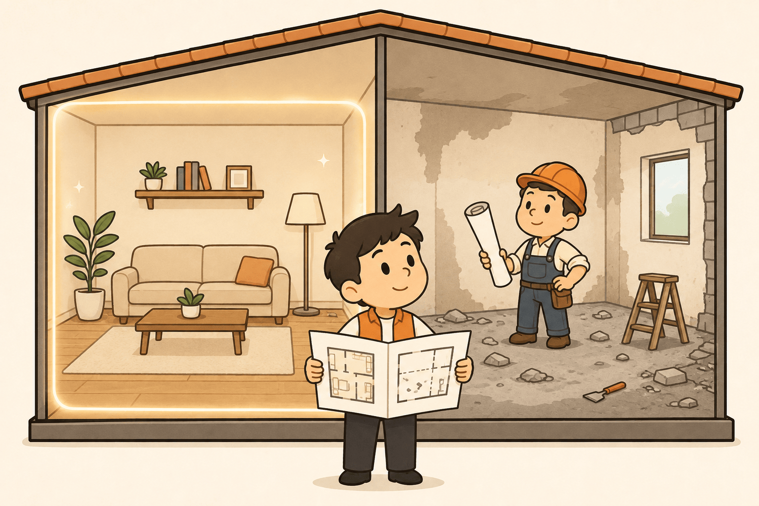 Kuka berdiri di rumah dua ruangan sambil memegang denah, satu tukang hanya merombak ruangan kanan yang denahnya berubah, ruangan kiri utuh dan tidak ada yang menyentuhnya.