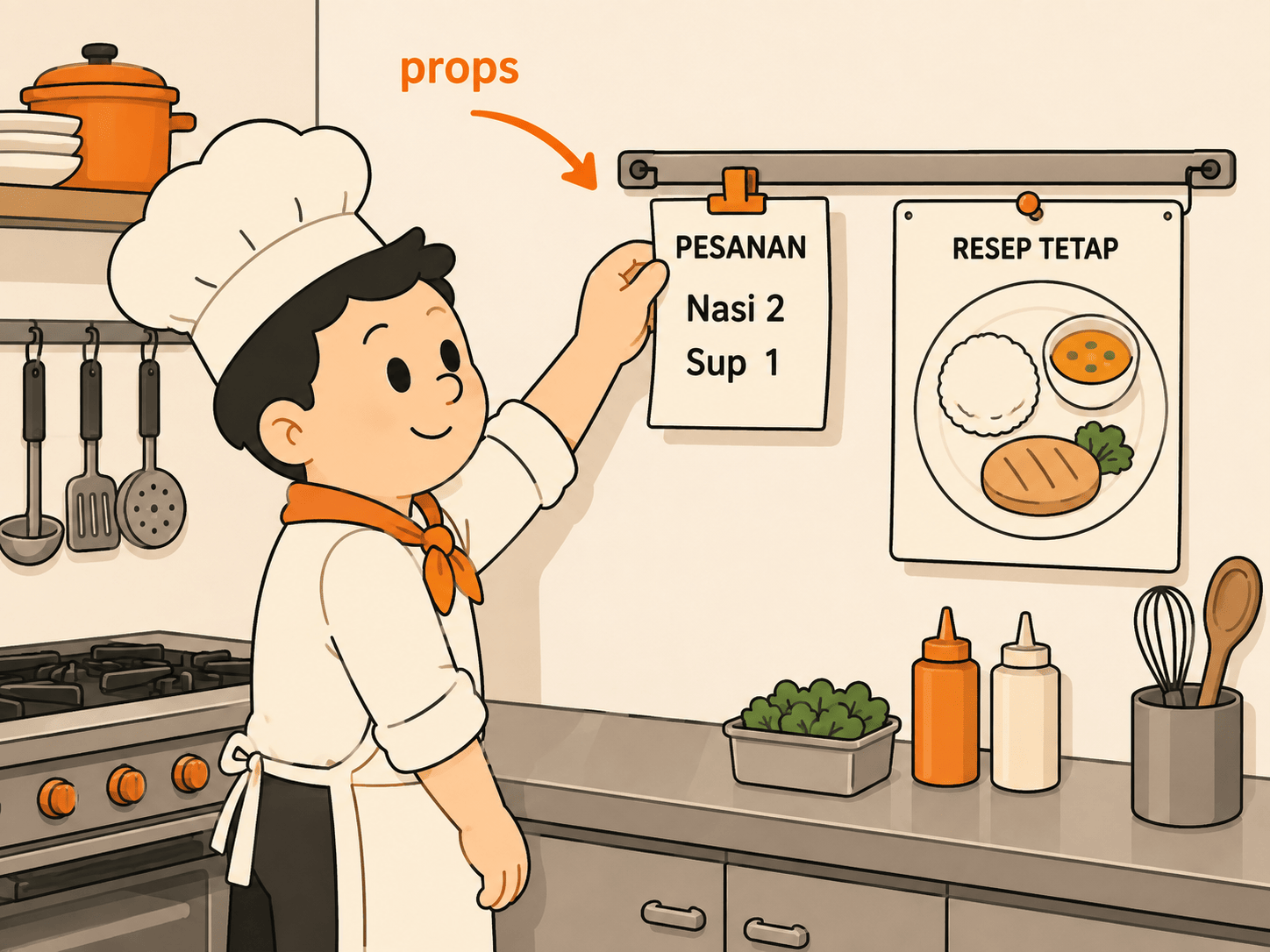 Kuka berjuluk koki berdiri di dapur restoran, menempelkan kartu pesanan pelanggan ke rel dapur, di samping kartu resep penyajian yang bergambar bentuk piring dengan beberapa kolom isian kosong.