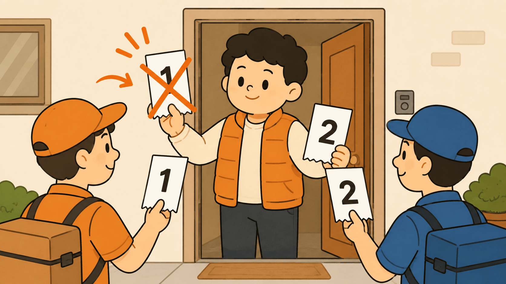 Dua kurir pulang bersamaan membawa bon berbeda, Kuka berdiri di pintu hanya menerima bon dengan angka dua sambil menolak halus bon dengan angka satu yang sudah tertunda di tangannya.