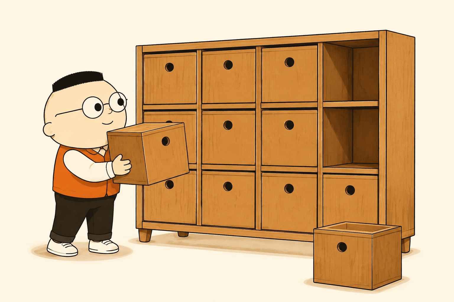 Kuka menyusun sebuah rak dari beberapa kotak kayu berukuran sama, satu kotak dibiarkan terbuka kosong dan siap diisi, sekrup dan obeng kecil tergeletak di lantai.