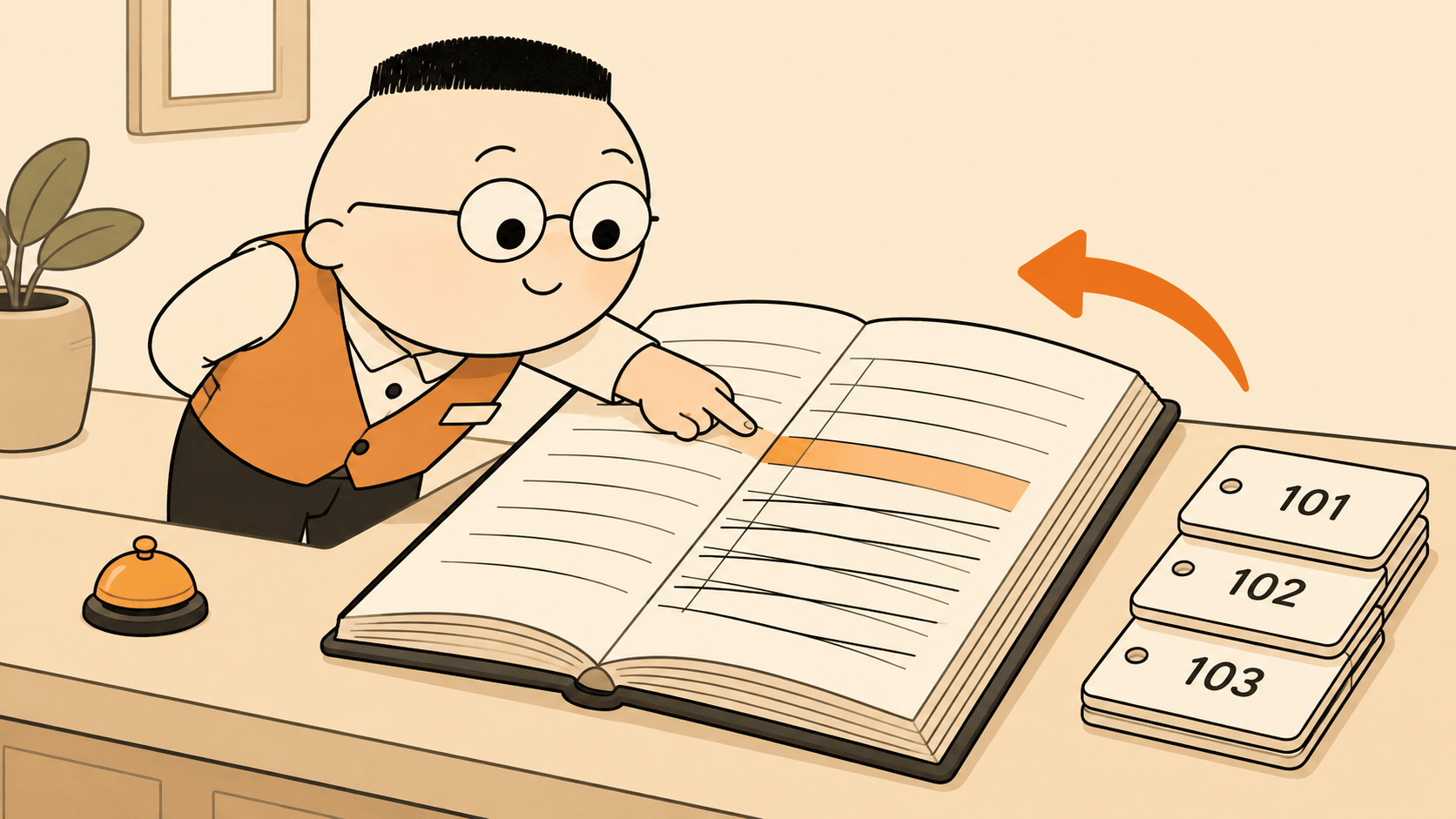 Kuka duduk di meja resepsionis menelusuri baris buku tamu yang tebal dengan jarinya dari bawah ke atas, di sampingnya tumpukan kartu nomor kamar dan panah besar menunjuk ke belakang.