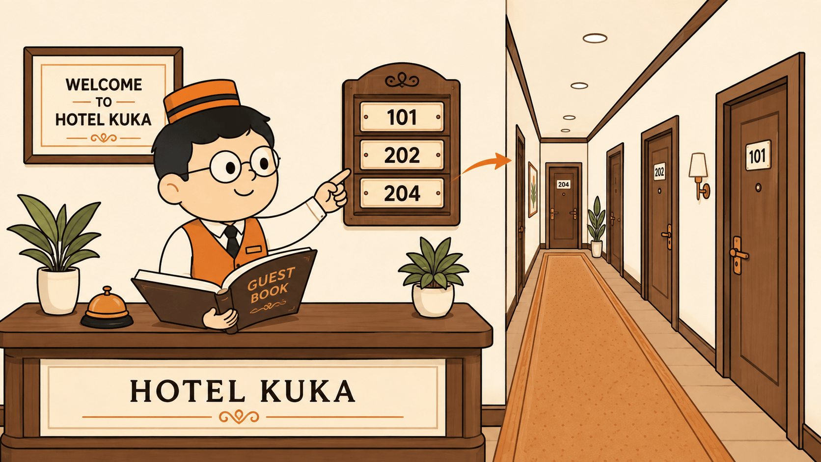 Kuka berdiri di lobi hotel memakai rompi resepsionis, satu tangan menunjuk papan nomor kamar, tangan lain memegang buku tamu terbuka, di belakangnya lorong dengan beberapa pintu bernomor.