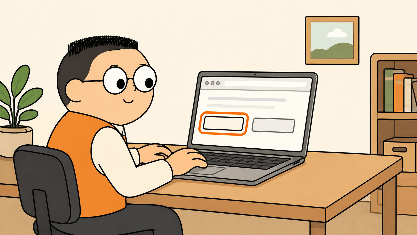 Kuka duduk di meja dengan tangan di keyboard dan tanpa mouse di meja, di layar depannya sebuah tombol bersorot cincin fokus tebal berwarna oranye sementara tombol lain tampil biasa.