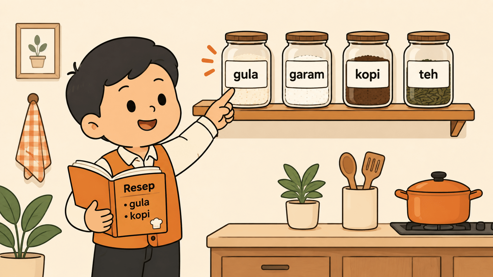 Kuka berdiri di dapur rapi memegang satu buku resep terbuka, di rak di depannya empat toples kaca berlabel gula, garam, kopi, dan teh tersusun berjajar, satu tangan Kuka menunjuk label toples gula.