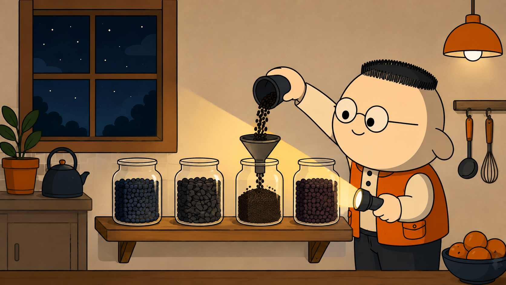Dapur yang sama dengan ilustrasi pertama tapi bernuansa malam gelap biru, Kuka menuang isi baru ke satu toples sambil membawa senter di mulut, empat toples di rak sudah berisi warna gelap, buku resep tertutup tergeletak di meja tak tersentuh.