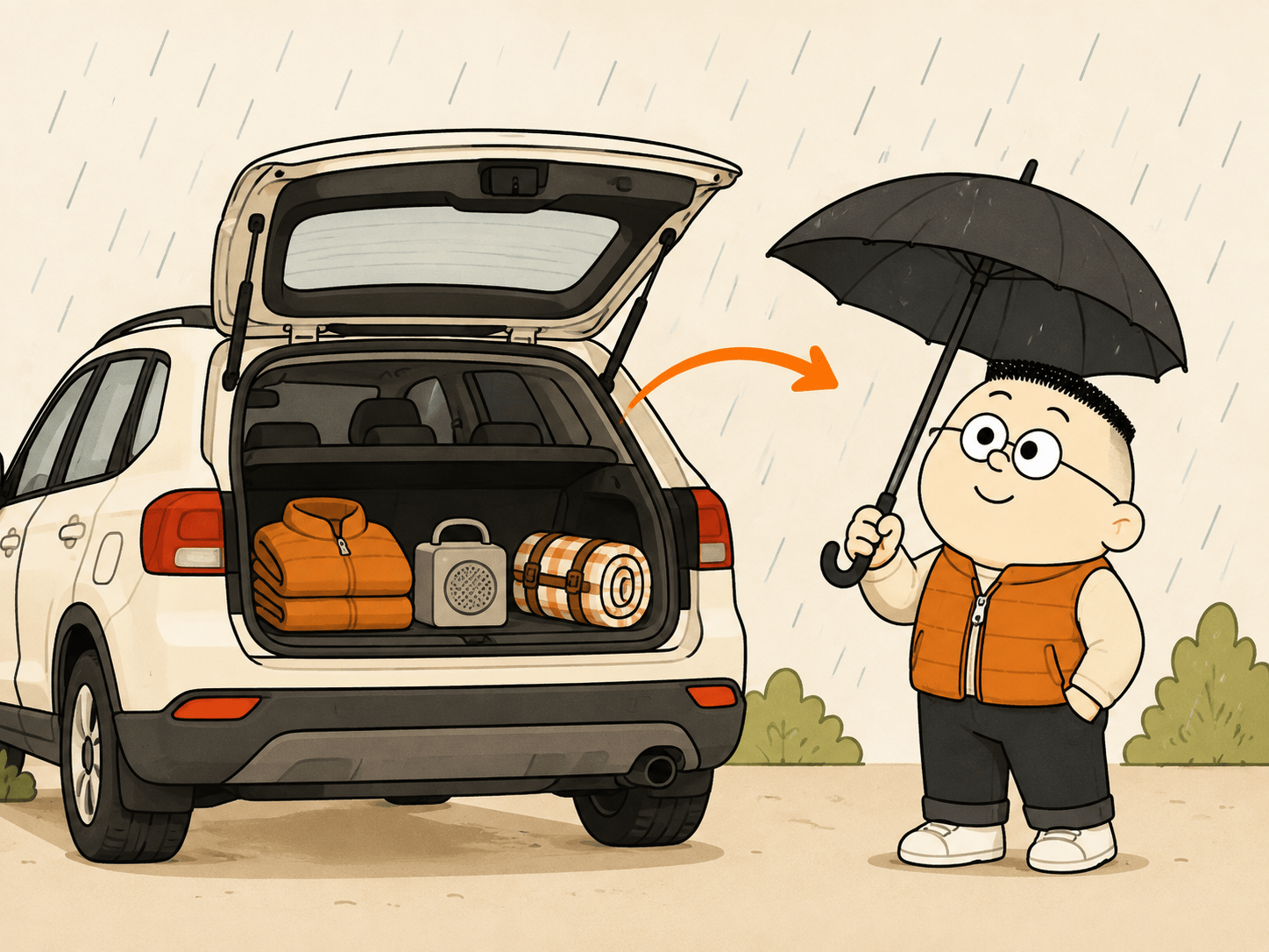 Kuka membuka bagasi mobil dan baru mengambil satu payung saat hujan mulai turun, jaket tebal dan speaker piknik tetap tertata di dalam bagasi dan tidak ada yang disentuh.