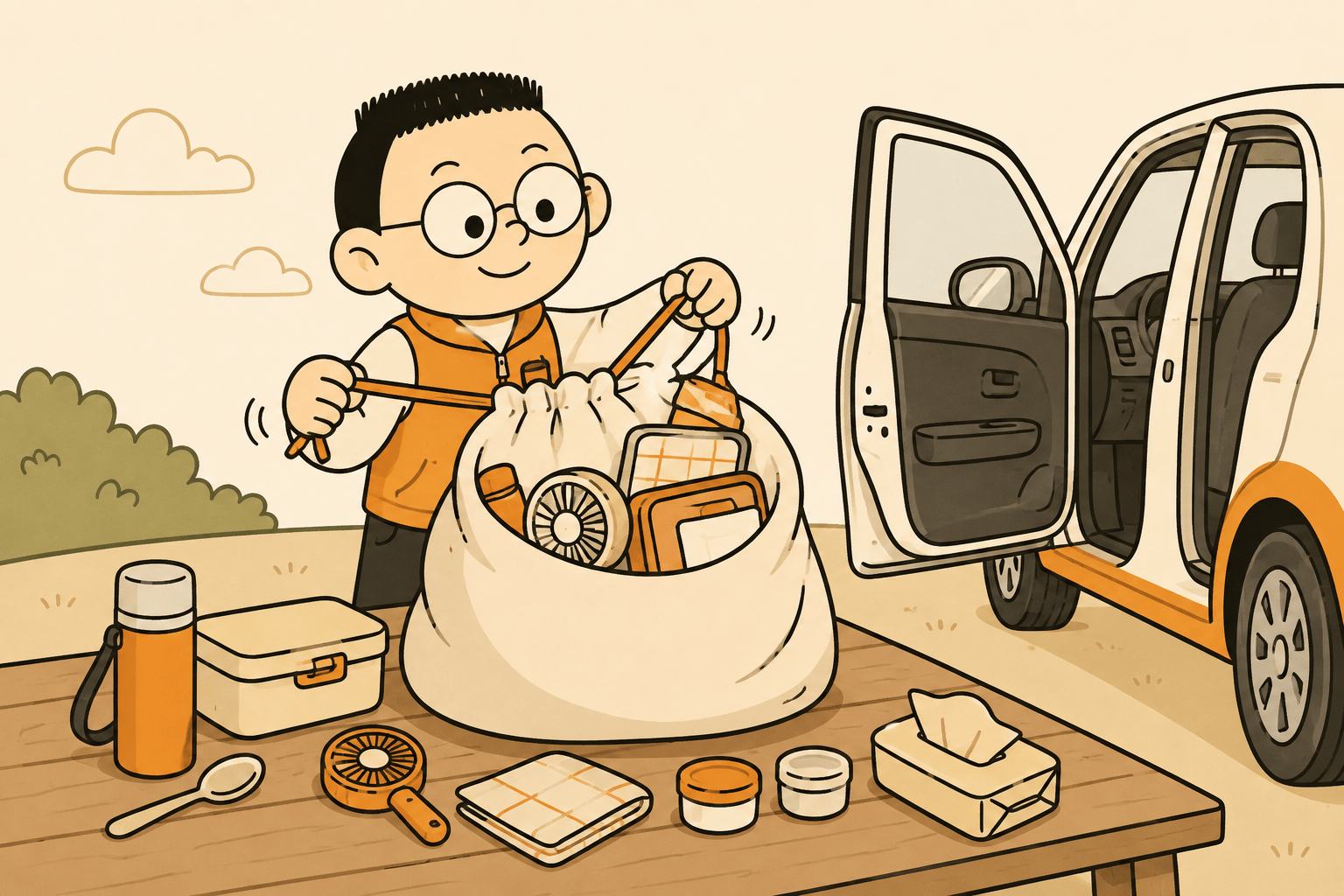 Kuka mengepak satu tas piknik besar di atas meja, semua sendok termos dan bekal dari meja yang penuh barang sedang masuk ke satu tas itu, jalan ke arah mobil sudah terbuka lebar.