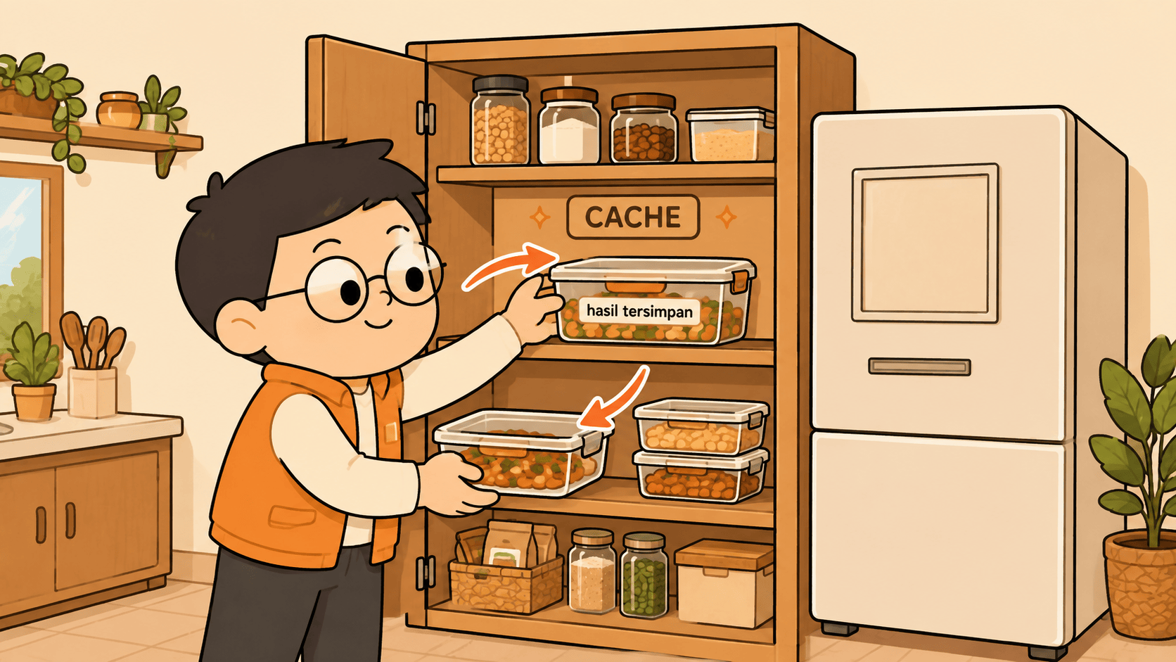 Kuka berdiri di dapur mengambil kaleng dari lemari persediaan yang pintunya terbuka berisi bahan bertatakan tanggal, sementara lewat jendela dapur terlihat sebuah pasar dengan atap terasah.